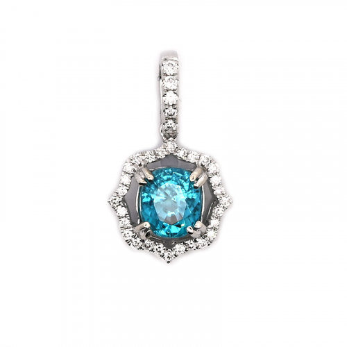 Blue Zircon Oval 1.70 Carat Pendant In 14k White Gold With Diamond Accents
