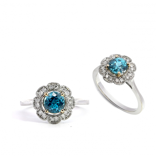 Blue Zircon Round 1.68 Carat In 14k Dual Tone (white/yellow) Gold With Diamond Accents
