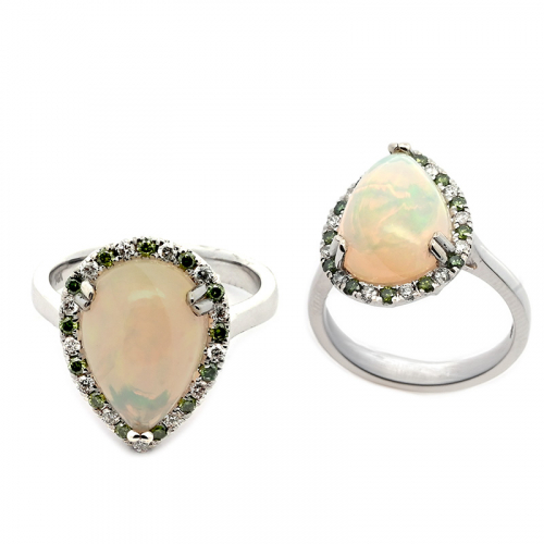 Ethiopian Opal Pear Shape 2.95 Carat Ring In 14k White Gold With White And Green Diamond Accents